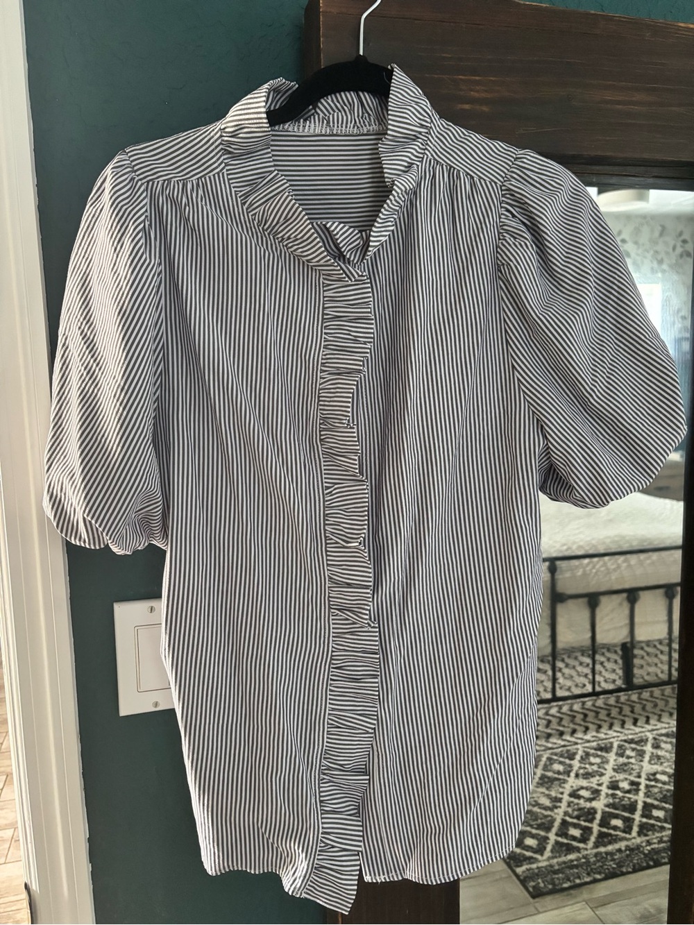 Amazon Black and White Striped Puff-Sleeve Button-Front Blouse